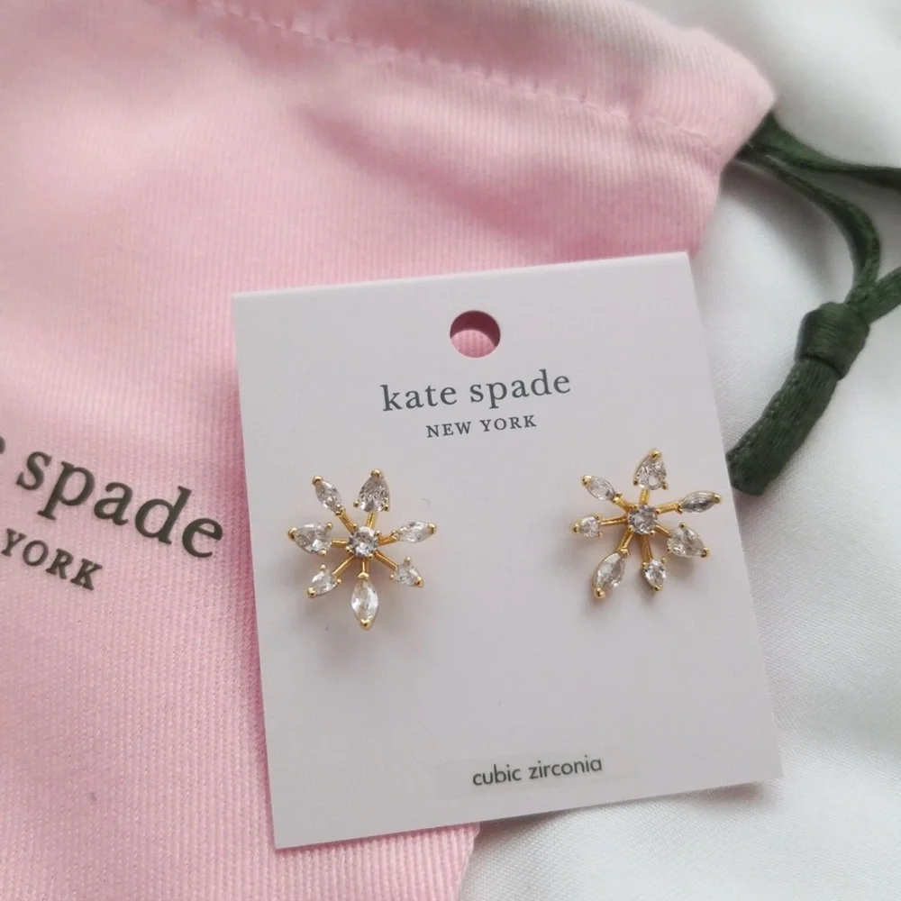 Kate Spade Gold and Clear Cubic Zerconia Snowday Snowflake Stud Earrings